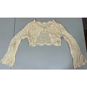 Tan Boho Bohemian Crochet Tie-Front Long Sleeve Cardigan Blouse Top Size M ✨